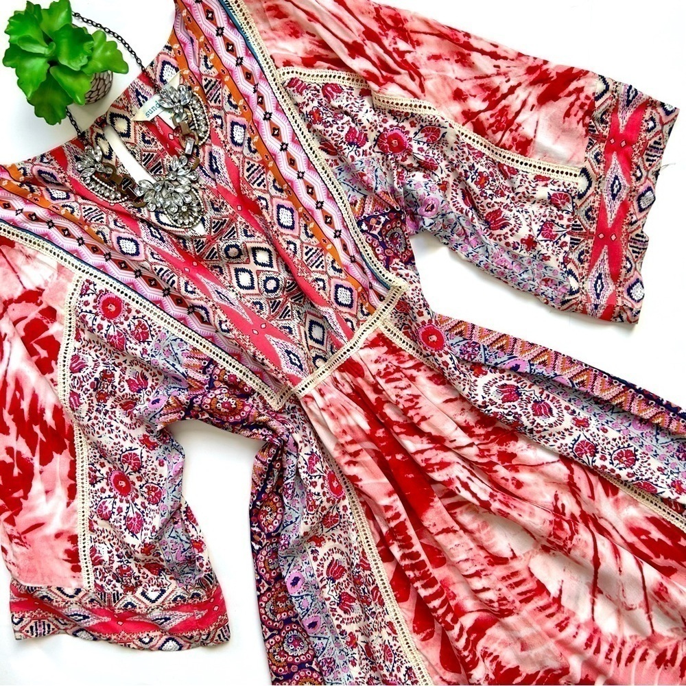 Sundance Wild Provence Mixed Print Keyhole Kimono Peasant Dress V-Neck Size S - Picture 2 of 10
